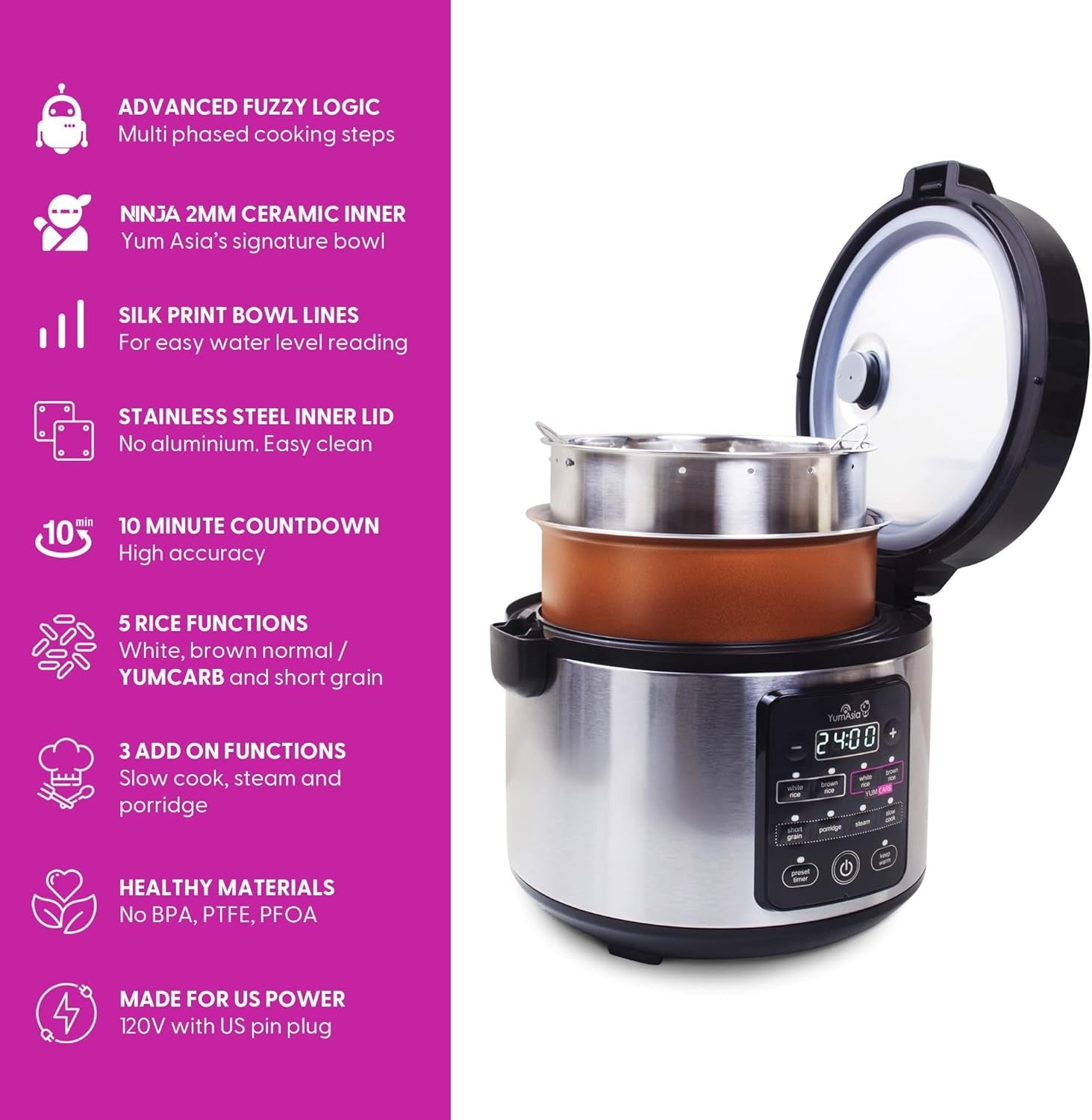 kumo-yumcarb-rice-cooker-with-ceramic-bowl-and-advanced-fuzzy-logic-5-5-cups-1-litre-5-rice-cooking-functions-3-multicooker-functions-110v-us-power-light-stainless-steel
