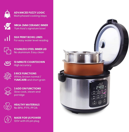 Kumo Yumcarb Rice Cooker with Ceramic Bowl and Advanced Fuzzy Logic, (5.5 Cups, 1 Litre), 5 Rice Cooking Functions, 3 Multicooker Functions, 110V US Power (Light Stainless Steel)5
