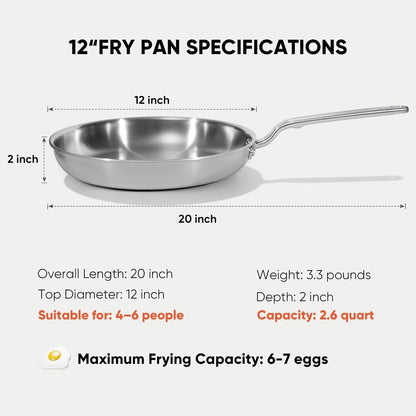 12" 5-Ply Stainless Steel Frying Pan | Dual Aluminum Core, Uncoated Surface, Oven & Broiler Safe 800°F, Induction Ready, Dishwasher Safe, Searing & Family Meals3