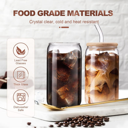 Iced Coffee Cups with Lids 2 Pcs,16 Oz Glass Cups with Lids and Straws as Coffee Bar Accessories,Beer Drinking Glasses,Reusable Glass Tumbler,Cute Coffee Cups for Coffee, Juice, Gifts2