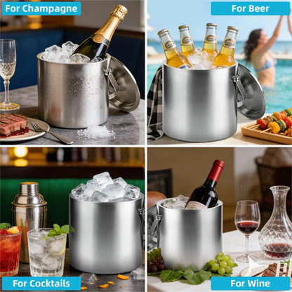 3L Double-Wall Stainless Steel Ice Bucket with Lid & Tongs | Long Lasting Insulation, Keeps Ice Chilled, for Champagne Wine Cocktails, Ideal for Parties Home Bar & Freezer Use6