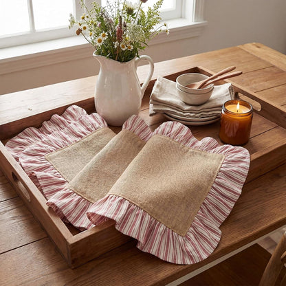 4 Pcs Striped Placemats with Ruffle, Red White Reversible Cotton3