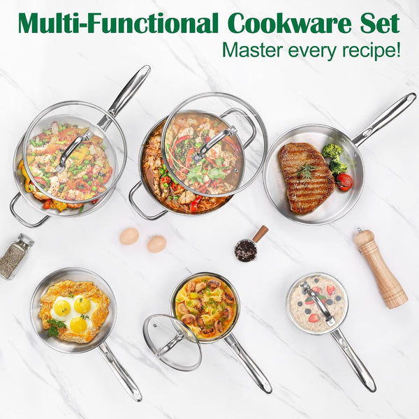 Stainless Steel Cookware Set, 10-Piece Induction Pots and Pans Set | Non-Toxic Kitchen Cooking Set W/Frying Pan, Saucepan, Saute Pan, Stockpot with Lids, Oven & Dishwasher Safe6