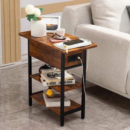 End Table with Charging Station, Flip Top Side Table with USB Ports and Outlets, Sofa Couch Table Bedside Table for Living Room Bedroom, Narrow Nightstand with Storage Shelves for Small Space8