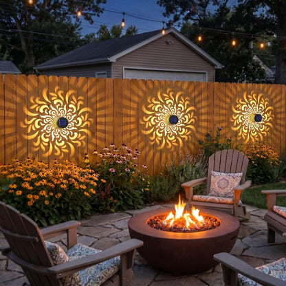 Solar Fence Lights 2 Pack Outdoor Deck Step Wall Lights Metal Waterproof LED Warm Yellow Light for Garden Post Patio Backyard Yard Decor (Mandala-5, 2)6