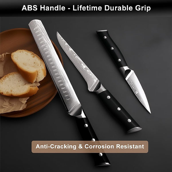 5-Piece Damascus Chef Knife Set: High Carbon Stainless Steel, Professional Ultra Sharp Kitchen Knife Set with Ergonomic Black Handle - Chef/Santoku/Paring/Bread/Brisket/Boning Knives in Gift Box8