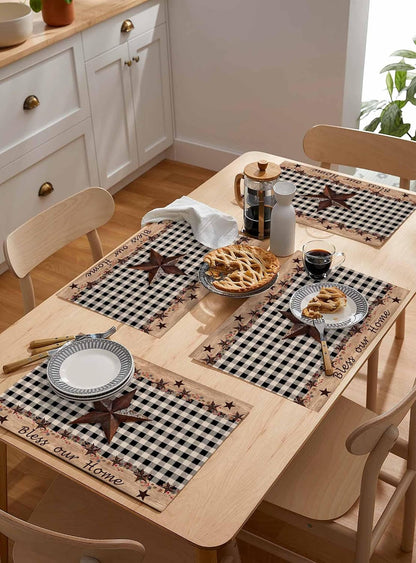 Placemats for Dining Table Set of 4 Western Texas Star and Primitive Berries Country Wooden Plank Table Mats for Home Kitchen Restaurant Independence Day Party Decoration,Washable5