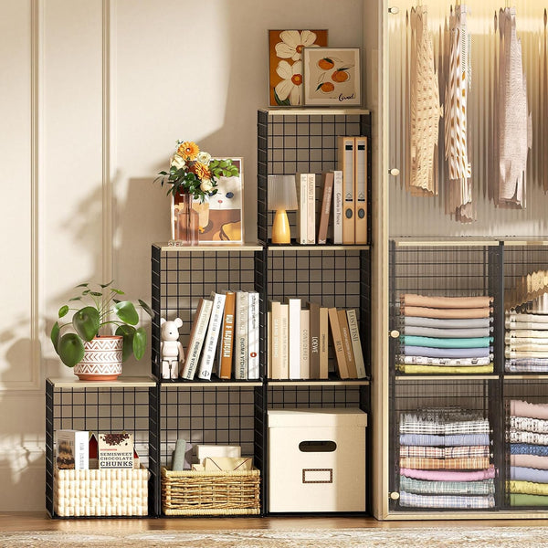 3-Pack Taller Closet Organizers and Storage with Wood Top, Stackable Wire Storage Bins for Clothes, Bags, Towels, Double Storage Design, Sturdy Metal Cube Shelf Organizer for Closet Wardrobe, Black5