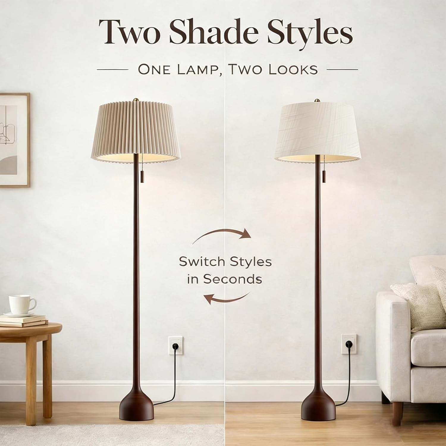 mid-century-modern-real-wood-floor-lamp-with-2-shades-for-two-looks-65-tall-sculptural-teardrop-base-wooden-pull-chain-vintage-standing-lamp-linen-shades-living-room-bedroom-bulb-included