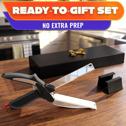 2 in 1 Kitchen Scissors for Food with Cutting Board, Safety Lock | Stainless Steel Cutting Board Scissors for Soft Veggies, Fruit & Cheese; Tomato Knife Alternative; 9.5"; Dishwasher Safe9