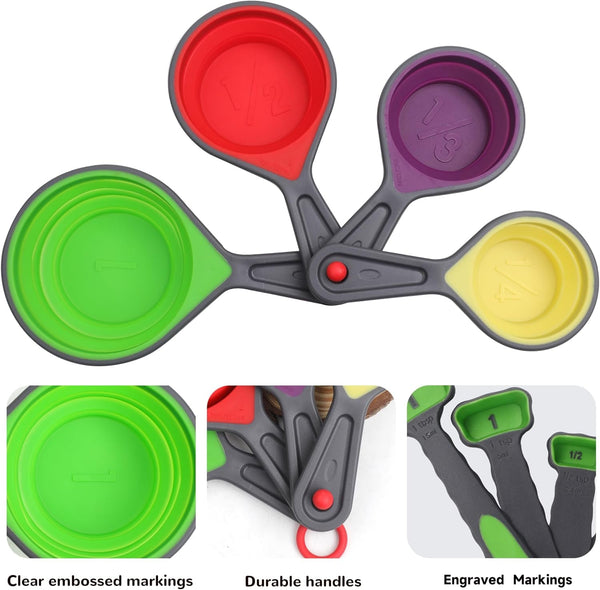 8Pcs Collapsible Silicone Measuring Cups and Spoons Set Soft Portable Adjustable Camper Kitchen Accessories for Liquid Dry Baking Utensils Kitchen Tools Travel Measuring Cup3