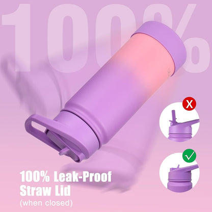 Kids Water Bottle for School, 16Oz Stainless Steel Insulated Water Bottle Kids with Straw Lid for Girls, Boys (Purple/Pink)4