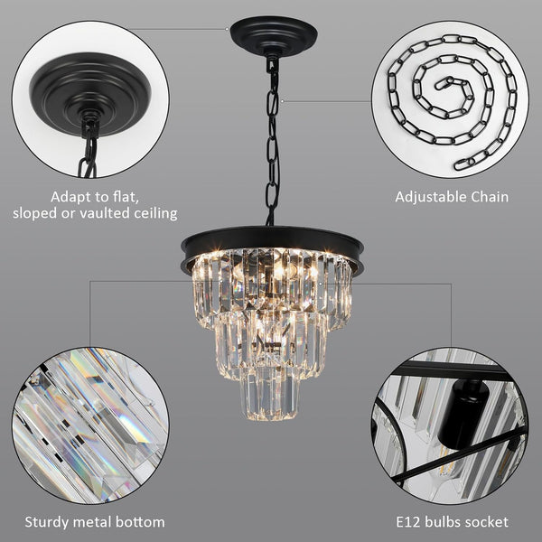 Black Crystal Chandeliers for Dining Room，4-Lights D12 Inch6