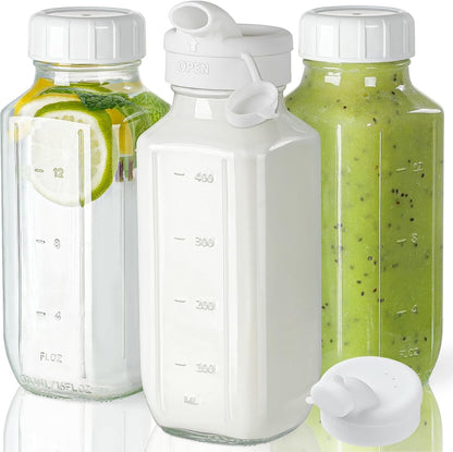3 Pack 16 Oz Glass Juice Bottles with Lids & 2 Pour Spouts | Clear Reusable Glass with Measurement Marks for Glass Water Bottles,Juicing Containers,Breast Milk Storage and Daily Use1