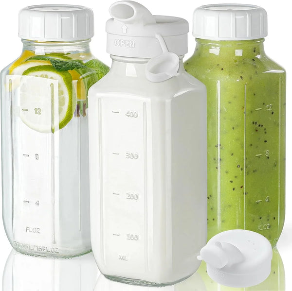 3 Pack 16 Oz Glass Juice Bottles with Lids & 2 Pour Spouts | Clear Reusable Glass with Measurement Marks for Glass Water Bottles,Juicing Containers,Breast Milk Storage and Daily Use1