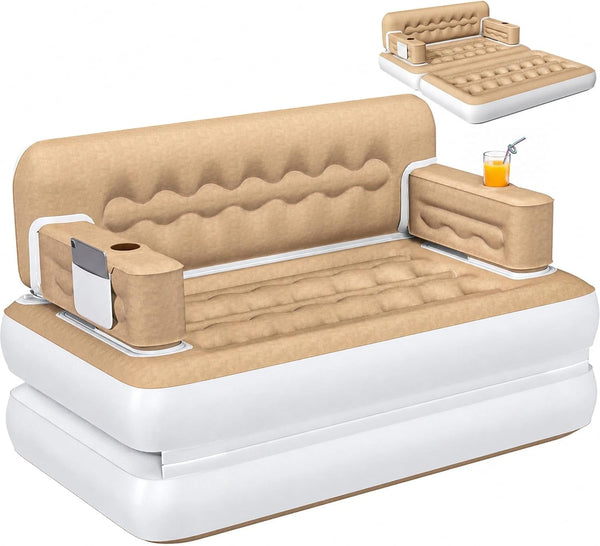 Queen Size Air Sofa Bed W/Wave Pattern Headboard & Pump - Brown1
