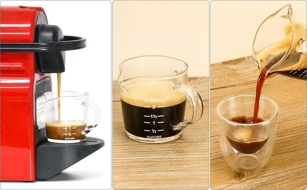 Espresso Shot Glass with Handle, 4 Pack 3-Ounce Double Spout Glass Measuring Cup Triple Pitcher Milk Cup with Two Scales (OZ&ML)8