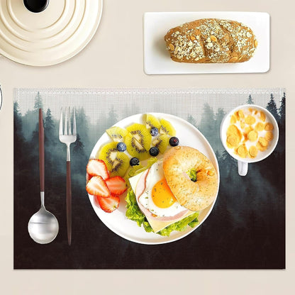 Placemats Set of 6 Linen Washable Kitchen Dining Misty Forest Table Mats Stain Heat-Resistant Desktop Décor Place Mats for Home Party Indoor 12X18 In2