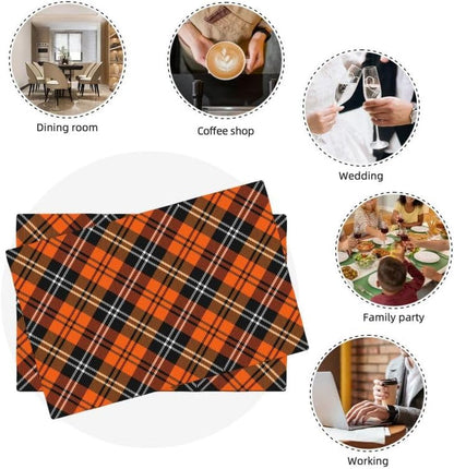 Plaid Placemat Set, Thanksgiving Halloween Orange Black Buffalo Check Pattern Home Decor Linen Table Mats for Dining Room Kitchens Party Cafe Festive Banquet Wedding Decor, 18" L X 12" W【6 PCS】7