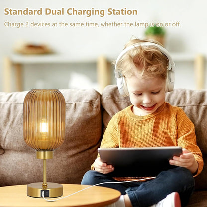 Vintage Gold Touch Table Lamp, Small Desk Lamp with Amber Glass Shade, Bulb, Charging Port, Mid Century Modern Bedside Lamp, 3 Way Dimmable Nightstand Lamp for Bedroom Living Room Home Office6