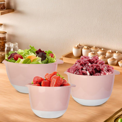 3 Small Mixing Bowls Set with Lids,Grips,Pour Spout and TPR Bottom, Plastic Nesting Bowl Use for Kitchen Cooking-Prep,Serving,Baking Bread Cake,Pancake,Non-Slip,3Qt,2Qt,1.5Qt,Pink5