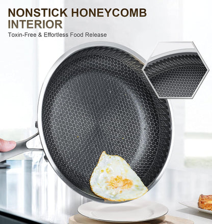 12 Inch Stainless Steel Frying Pan with Lid, Nonstick with Honeycomb Coating, Triply Skillet - Induction Compatible2