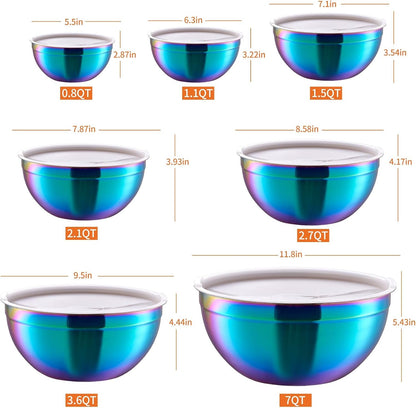 Colorful Mixing Bowls with Airtight Lids, Stainless Steel Nesting Mixing Bowls Set of 7, Ideal for Baking, Prepping and Serving Food, Size 7, 3.6, 2.7, 2.1, 1.5, 1.1,0.8 QT, Stackable Design2