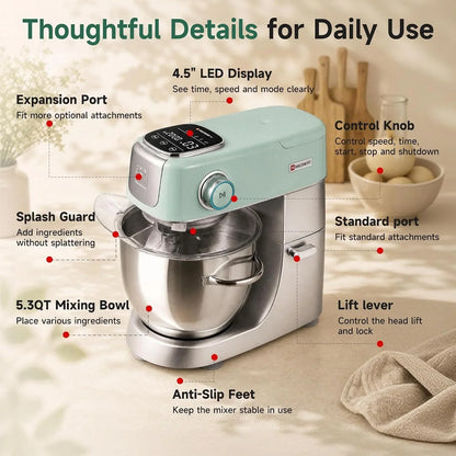 Stand Mixer Silent with LED Touch Screen, 5.3QT XL Large Mixers Kitchen Electric Stand Mixer for Household, 500W DC Motor 11-Speed for Bread Pasta Meat – Lake Green6
