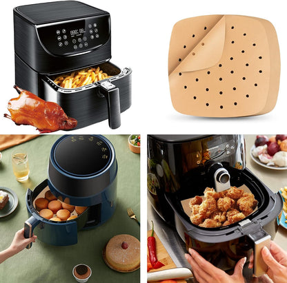 Air Fryer Liners, 200Pcs Square, 8.5 Inch Perforated Parchment Paper Sheets for Baking,  Parchment Paper for Air Fryer and Bamboo Steaming Basket (Unbleached)6