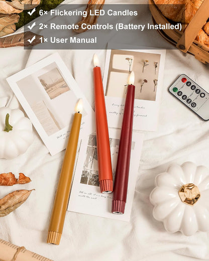 Fall Flameless Taper Candles with Remote and Timer, 9.65 Inch Real Wax LED Candlesticks, Battery Operated Thanksgiving Candles with 3D Flickering Flame, Bordeaux, Terra Cotta & Caramel, 6 Pack3