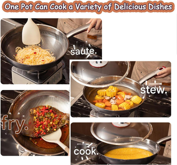 Titanium Hammered Deepen Wok with Lid, Multifunctional Ultra-Durable Scratch-Resistant Non Stick Even Heating Titanium Wok for Cooking with All Cooktops,12.59In3