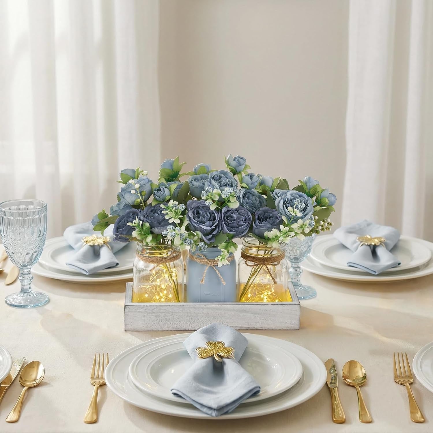 mason-jar-lights-centerpieces-for-tables-dining-room-farmhouse-decor-warm-glow-blue-artificial-flowers-wood-tray-coffee-table-decor-kitchen-living-room-wedding-indoor-outdoor-decoration