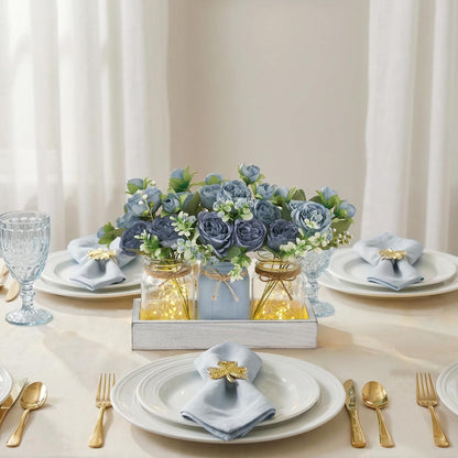 Mason Jar Lights Centerpieces for Tables Dining Room Farmhouse Decor | Warm Glow, Blue Artificial Flowers, Wood Tray, Coffee Table Decor, Kitchen Living Room Wedding Indoor Outdoor Decoration2