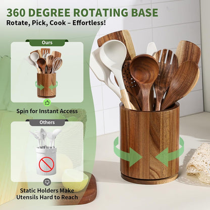 Acacia Wood Utensil Holder, 360° Rotating 7.3 in Kitchen Organizer | Rustic Farmhouse Countertop Decor. Rotating Base for Easy Access to Spatulas, Spoons, and Cooking Utensils. 7.3-Inch Capacity2