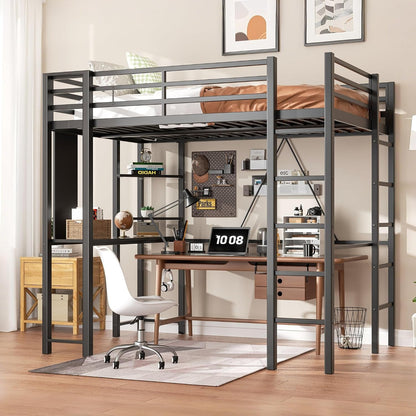 Loft Bed Full Size with Desk and Storage Shelves, Frame with 2 Side Ladders for Kids, Teens Adults, Spcace-Saving Noise-Free and Anti-Tilt Design, Black1