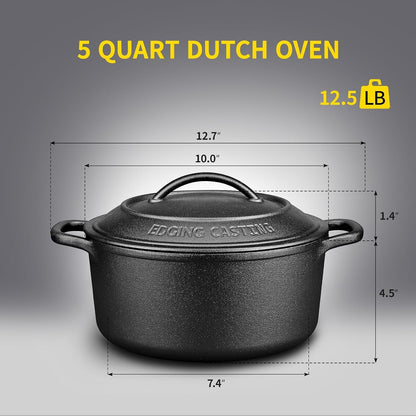 Pre-Seasoned Cast Iron Dutch Oven Pot with Lid Dual Handle, Sourdough Bread Baking Pots, Bread Oven, Camping, Grill, Induction, Electric, round 5 Quart, Black6