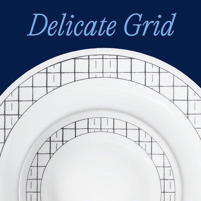 Vitrelle 18-Piece Service for 6 Dinnerware Set, Triple Layer Glass and Chip Resistant, Lightweight round Plates and Bowls Set, Delicate Grid2