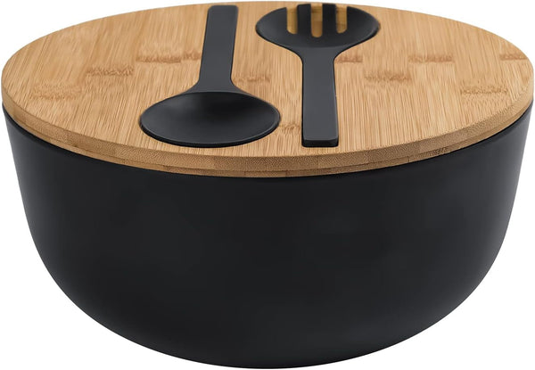 Bamboo Fiber Salad Bowl with Servers Set Large 9.8 Inches Nature Bamboo Mixing Bowl with Servers with Lid Spoon and Fork for Fruits,Salads and Vegetables1