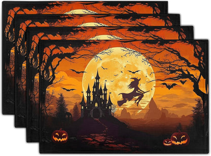 Halloween Placemats Set of 4 18X12 Inch Spooky Witch Bat Castle Pumpkin Linen Place Mats Heat-Resistant Washable Wipeable Fall Holiday Table Mats for Party Kitchen Dining Room Dinner Table Decor1