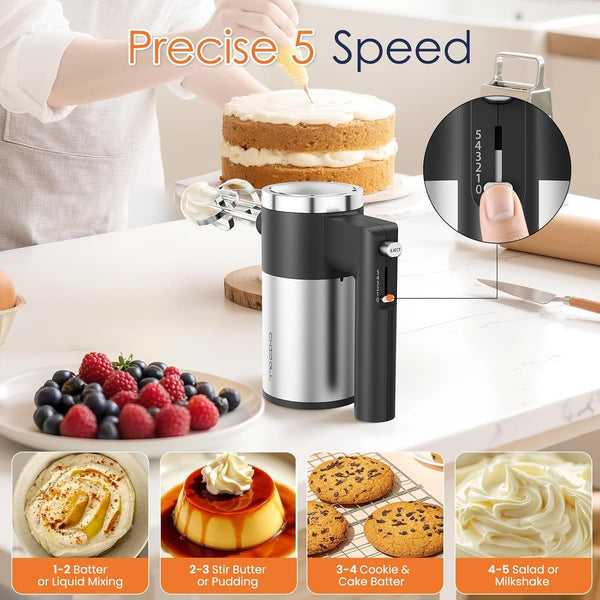 600W Hand Mixer, 5-Speed Electric Hand Held Mixer for Baking, Lightweight Stainless Steel Hand Beaters *2 & Dough Hooks*2 with Eject Button, Kitchen Mixer for Cream, Cookies, Dough3