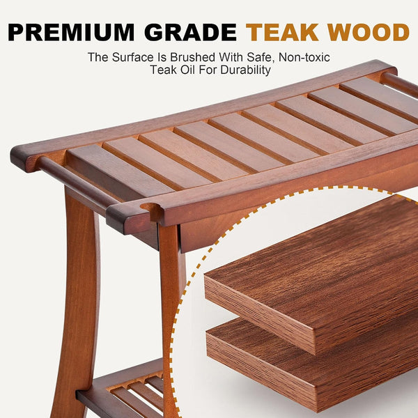 24" Teak Shower Bench, 2-Tier Shower Stool for Indoor Shower, 300Lbs4