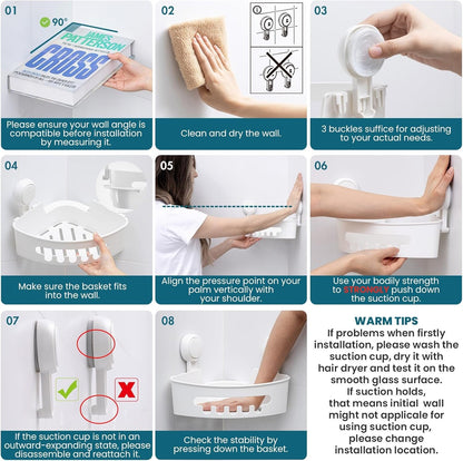 Corner Shower Caddy with Suction Cups, Wall Mounted Organizer Plastic Rack for Small Bathrooms, Kitchen, Removable Drill-Free Heavy Duty Shelf Basket, White9