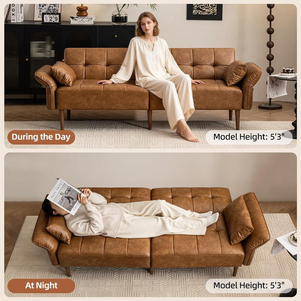 85" Futon Faux Leather Couch with Adjustable Armrests Brown3