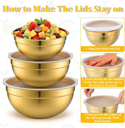 7 Gold Mixing Bowls with Airtight Lids, 7/3.6/2.7/2.1/1.5/1.1/0.8Qt3