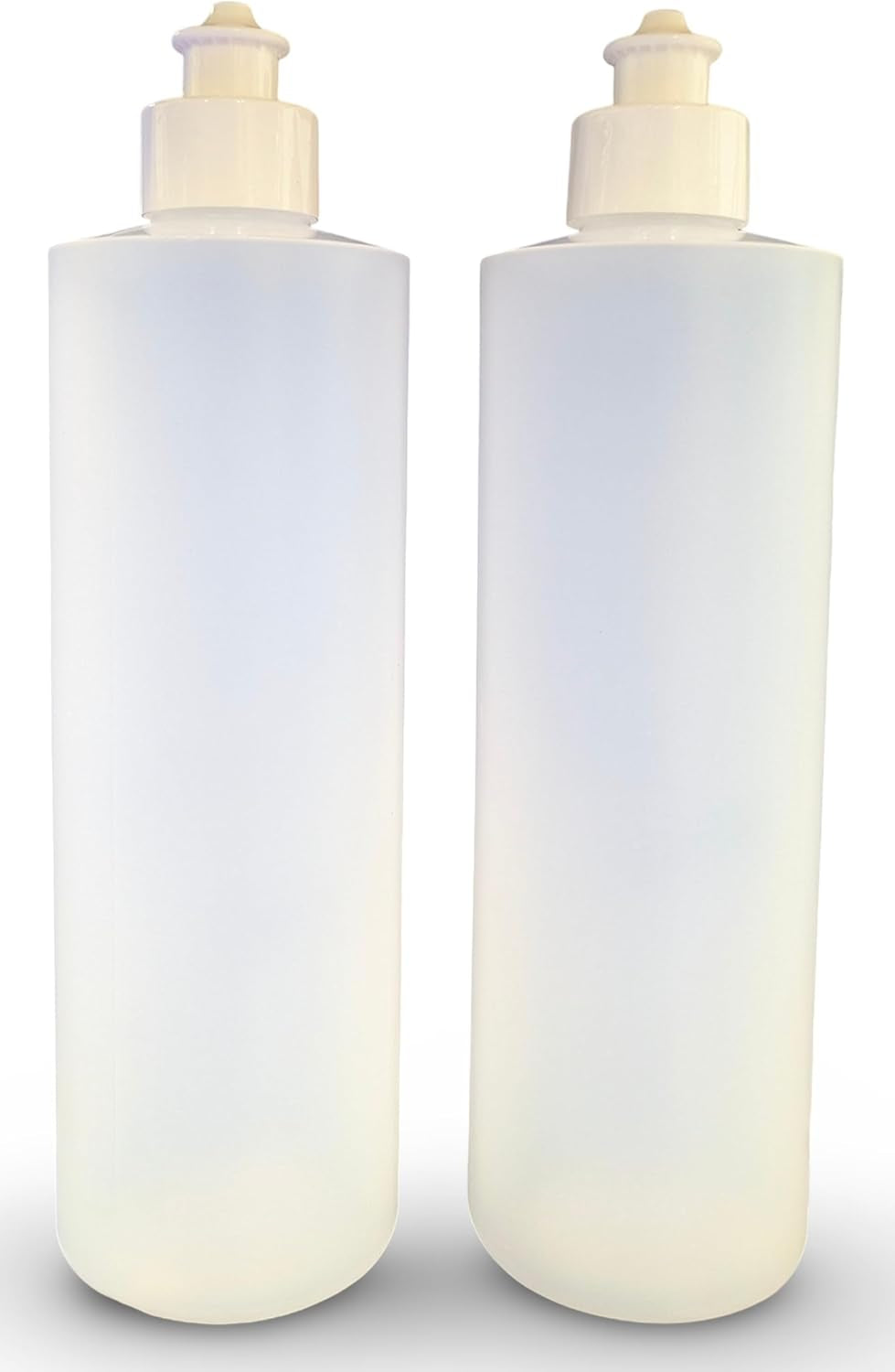 2-pack-refillable-16-ounce-hdpe-squeeze-bottles-with-push-pull-button-top-dispenser-caps-great-for-lotions-shampoos-conditioners-and-massage-oils-includes-our-patented-thread-on-funnel