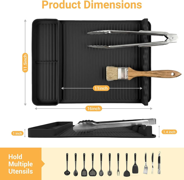 Silicone Grill Mat for Blackstone Griddles & Outdoor Grills - Heat Resistant (450°F) Countertop Protector, Non-Slip Tool Organizer & Grease Catcher, 16X11.5 Inch(Black)2