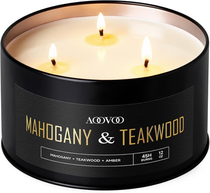 Mahogany Teakwood Candles for Men - 3 Wick 12Oz Black Scented Candle1