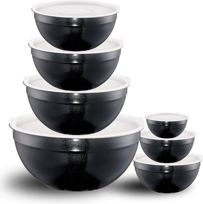 Black Mixing Bowls with Lids Set of 7, Stainless Steel Nesting Bowl with Khaki Lid for Non-Slip Mixing Prepping Storing Serving, 7 Sizes-7/3.6/2.7/2.1/1.5/1/0.8 QT1
