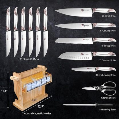 Japanese Knives Set for Kitchen, Magnetic Knife Set with Block and Sharpener, Stainless Steel Knife Set as Gift for Couple, Wedding, Women or Mom with Gift Box, 14 PCS Red Dot | High Carbon Stainless Steel Chef Knife Set with Sharpener, Ergonomic Handle, Razor Sharp, Dishwasher Safe, Ideal for Gift8