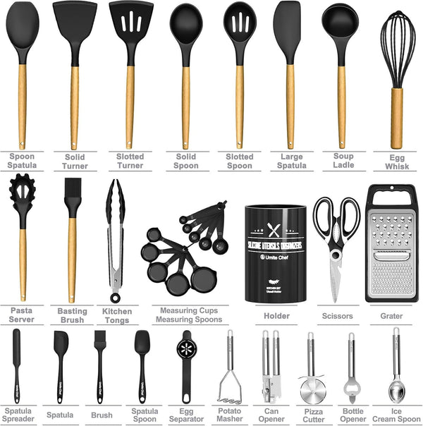 Kitchen Utensils Set- 34PCS Silicone Cooking Utensil with Holder,  Heat Resistant Kitchen Spatula Set for Nonstick Cookware, Black Wooden Handles Kitchen Gadgets Tools Set6